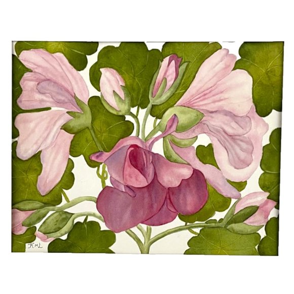 PAINTING WATERCOLOR ORIGINAL ART GERANIUM FLOWERS PINK PURPLE 11X14 MAT 16X20